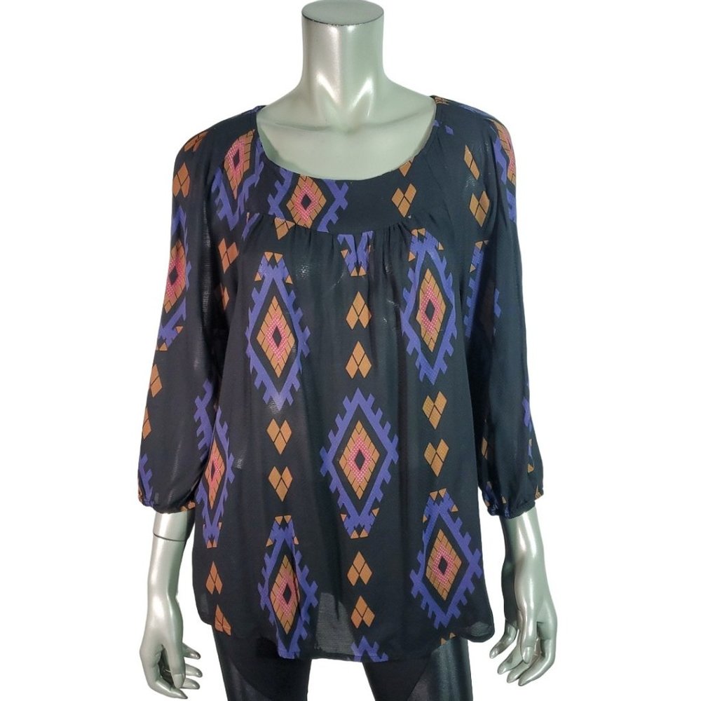 Lucky Brand Top Plus Sz 1X Southwestern Print Lightweight Casual Pullover Black